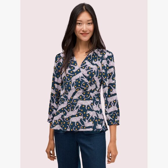 Kate Spade Panther Dot Wrap Top Novelty Print Cheetah Leopard Polkadot Blouse - Picture 1 of 11